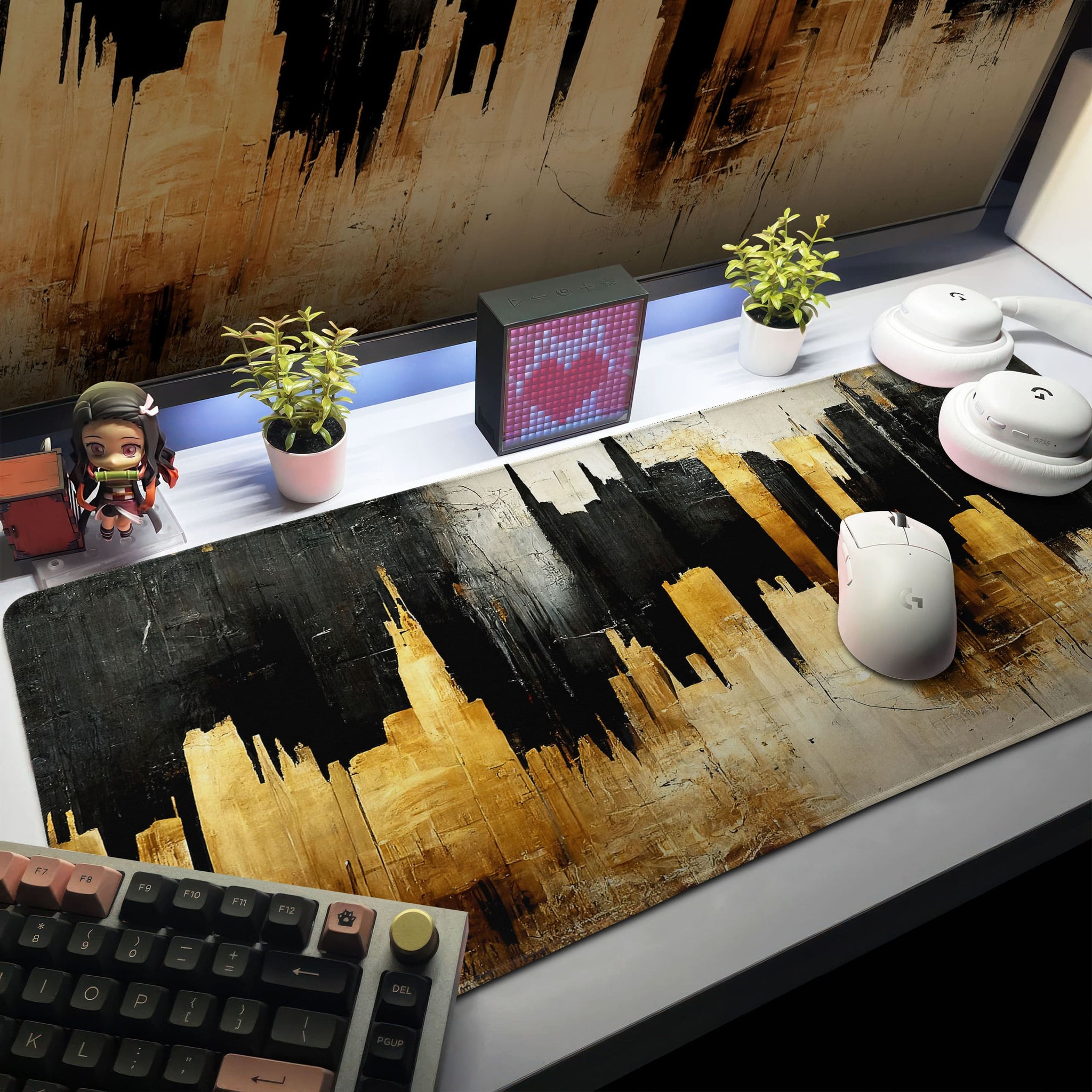 Golden Cityscape Desk Mat, Abstract Skyline Mouse Pad