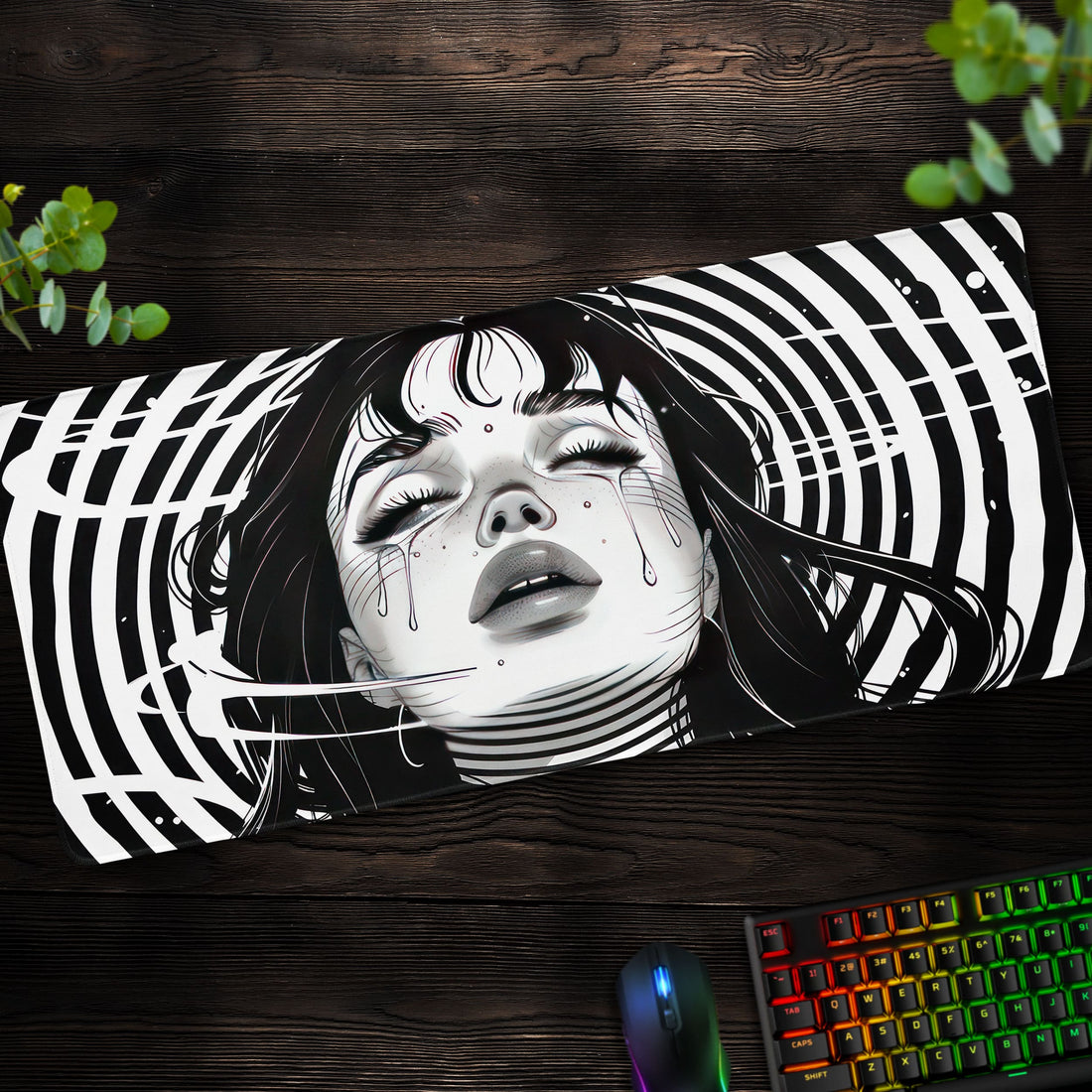 Hypnotic Tears Desk Mat, Monochrome Art Mouse Pad