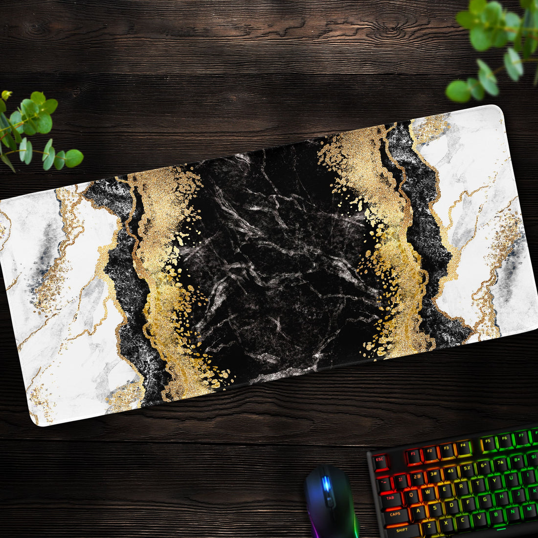 Luxe Marble Desk Mat, Black and Gold Mouse Pad