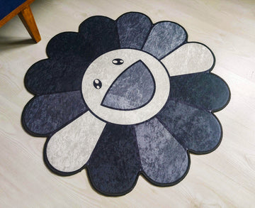 Takashi Murakami Inspired Flower Rug, Black and Gray Carpet