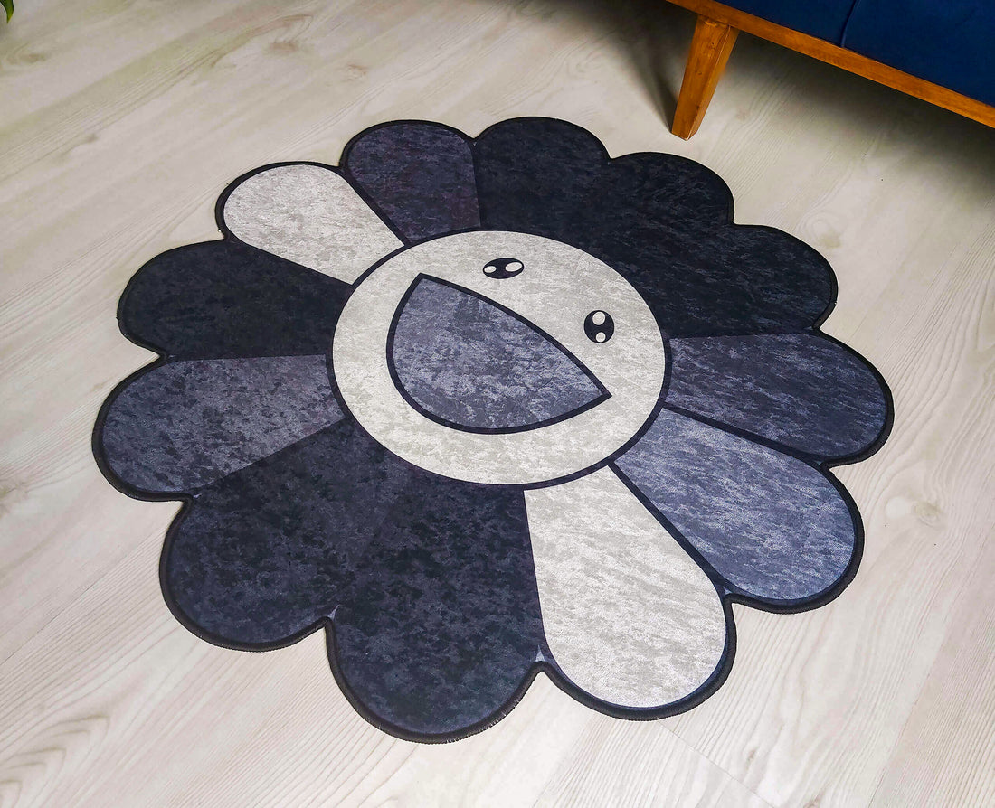 Takashi Murakami Inspired Flower Rug, Black and Gray Carpet