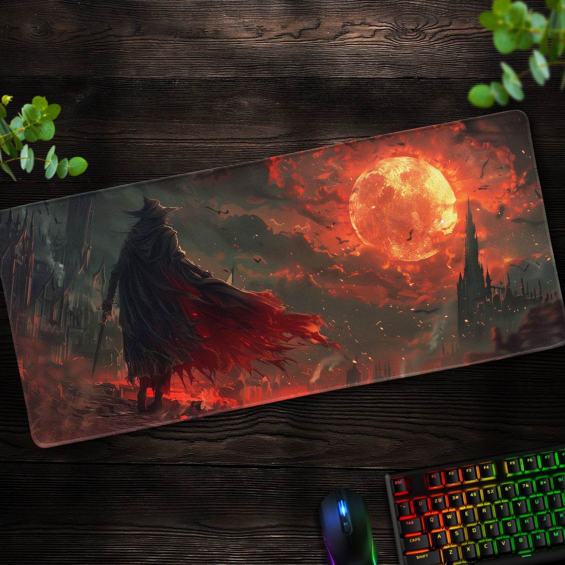 Bloodborne Hunter's Moonlit Watch Desk Mat, Gothic Landscape Mouse Pad