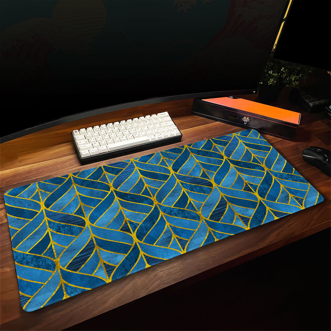 Art Deco Blue Desk Mat, Gold Pattern Mouse Pad - Cocoon Markt