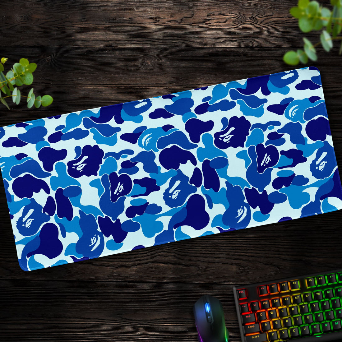 BAPE-Inspired Blue Camo Desk Mat, Stylish Mouse Pad