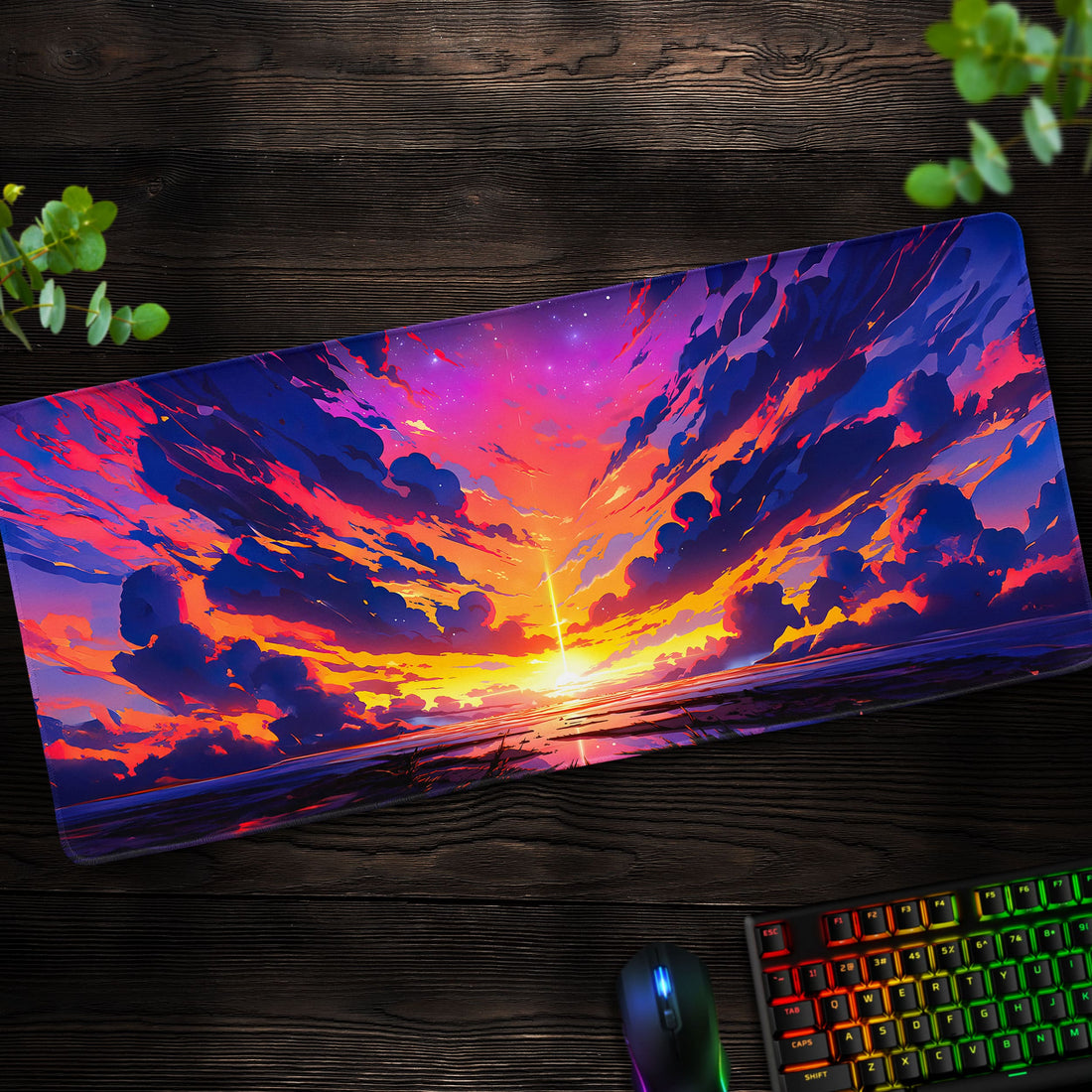 Vibrant Sunset Horizon Desk Mat, Cosmic Sky Mouse Pad