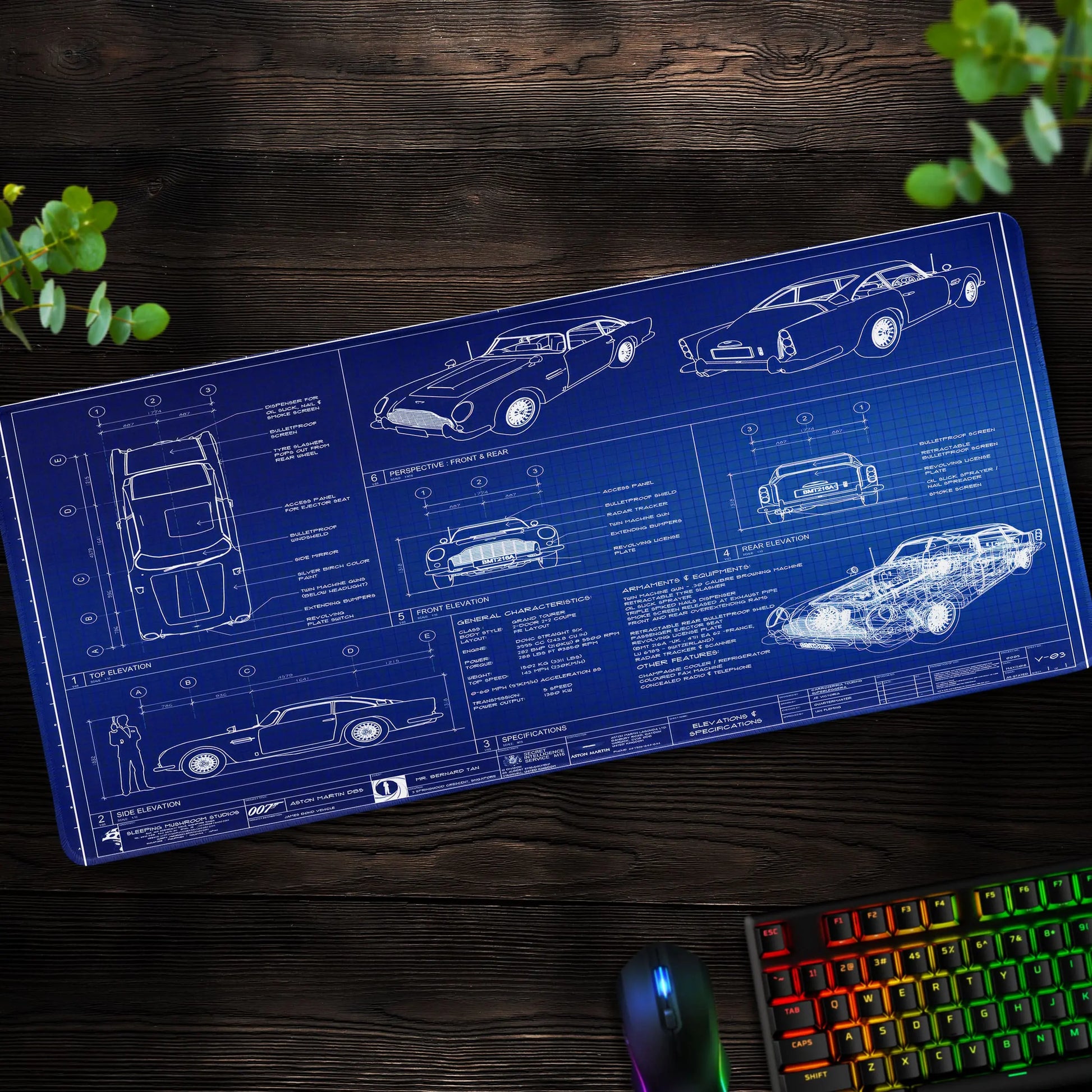 Aston Martin DB5 Blueprint Desk Mat, 007 Car Mouse Pad - Cocoon Markt