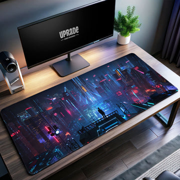 Cyberpunk Skyline Desk Mat, Neon Cityscape Mouse Pad