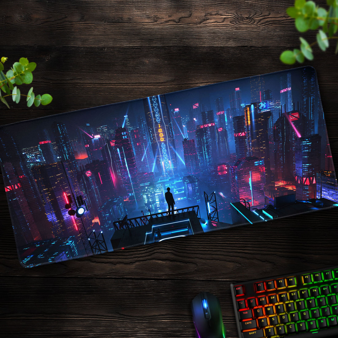 Cyberpunk Skyline Desk Mat, Neon Cityscape Mouse Pad