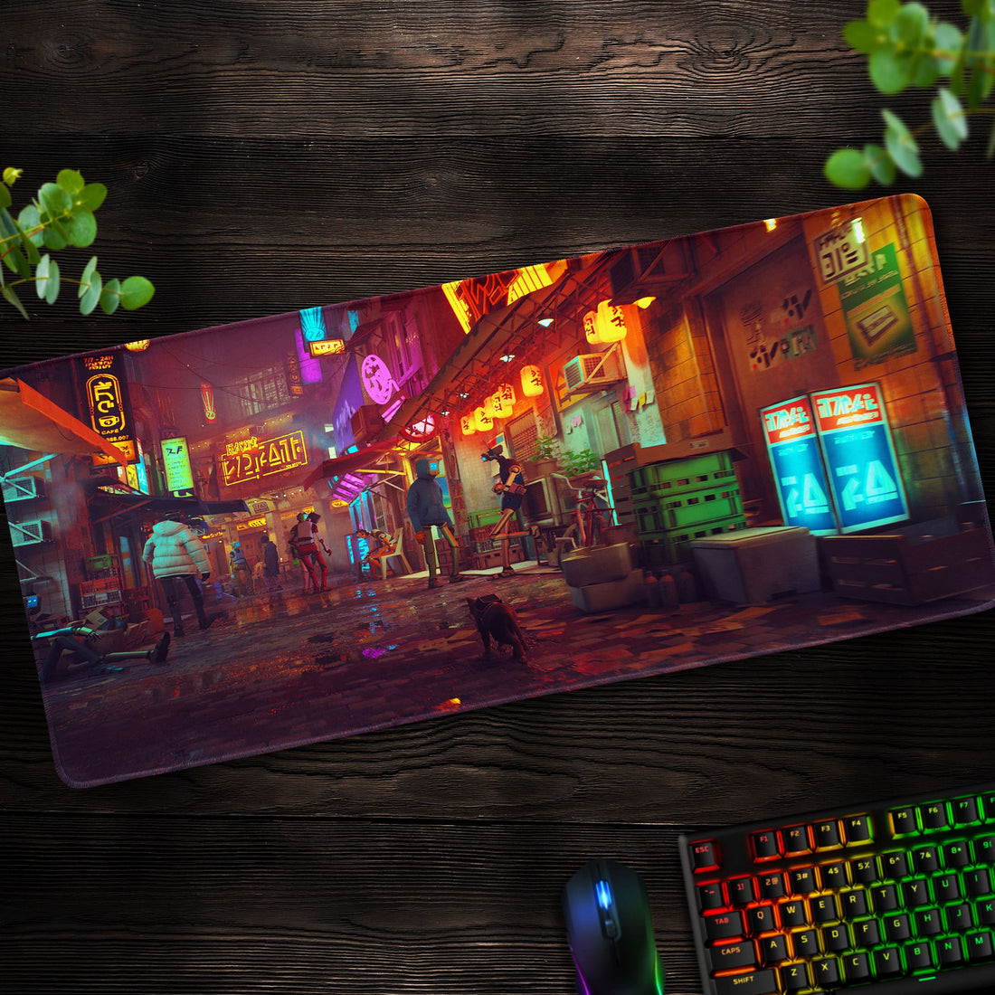 Cyberpunk Alley Desk Mat, Stray-Inspired Neon Mouse Pad