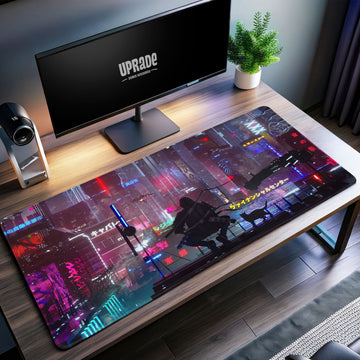 Cyberpunk Cityscape Desk Mat, Neon Night Mouse Pad