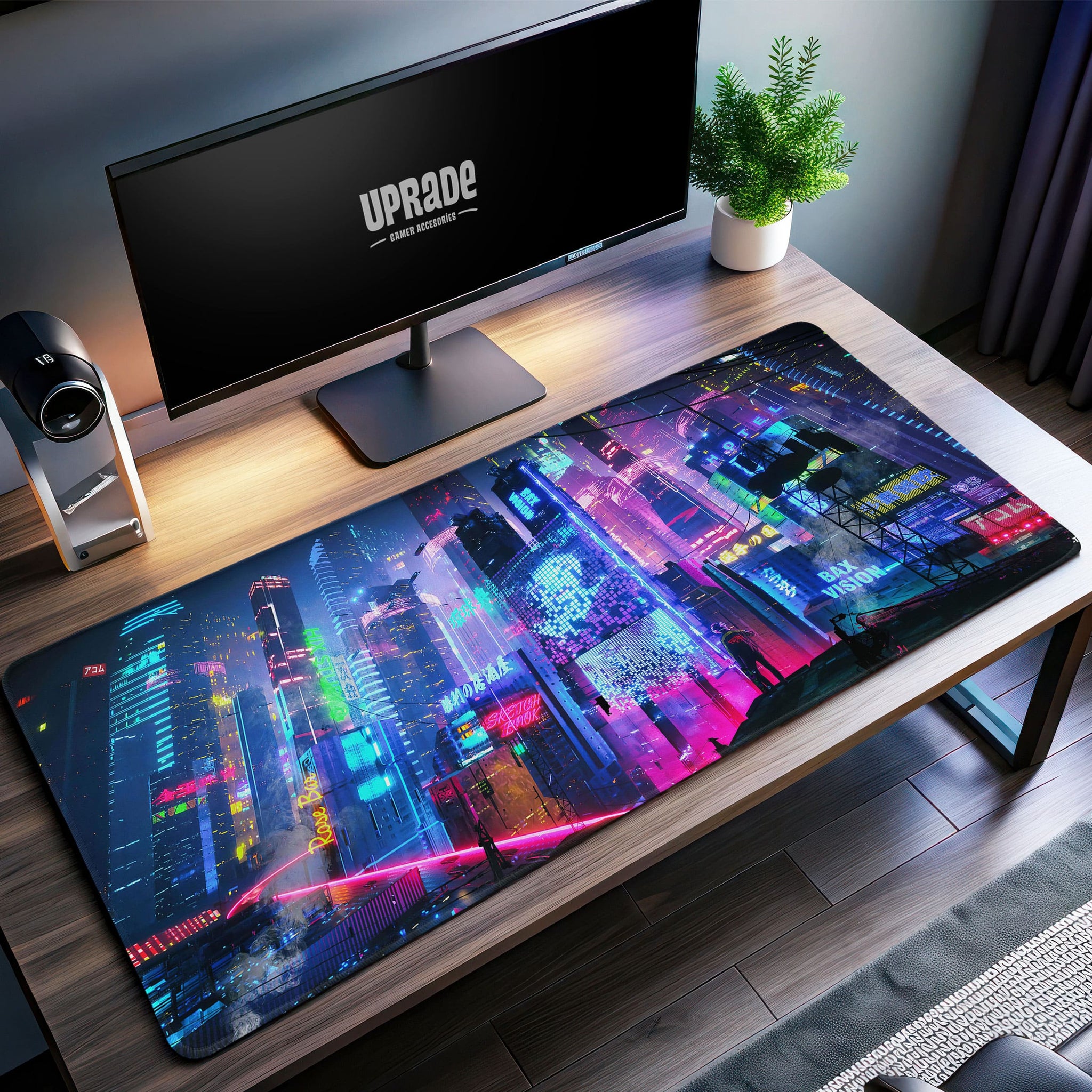 Cyberpunk Neon Skyline Desk Mat, Futuristic Mouse Pad