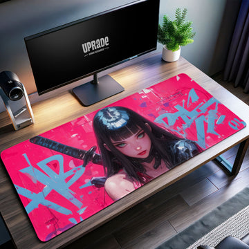 Cyberpunk Samurai Girl Desk Mat, Neon Graffiti Mouse Pad