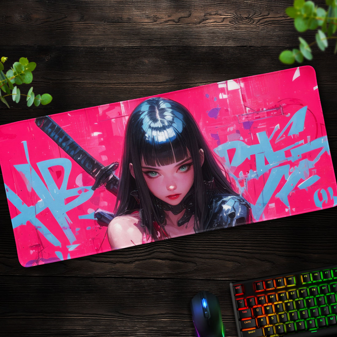 Cyberpunk Samurai Girl Desk Mat, Neon Graffiti Mouse Pad