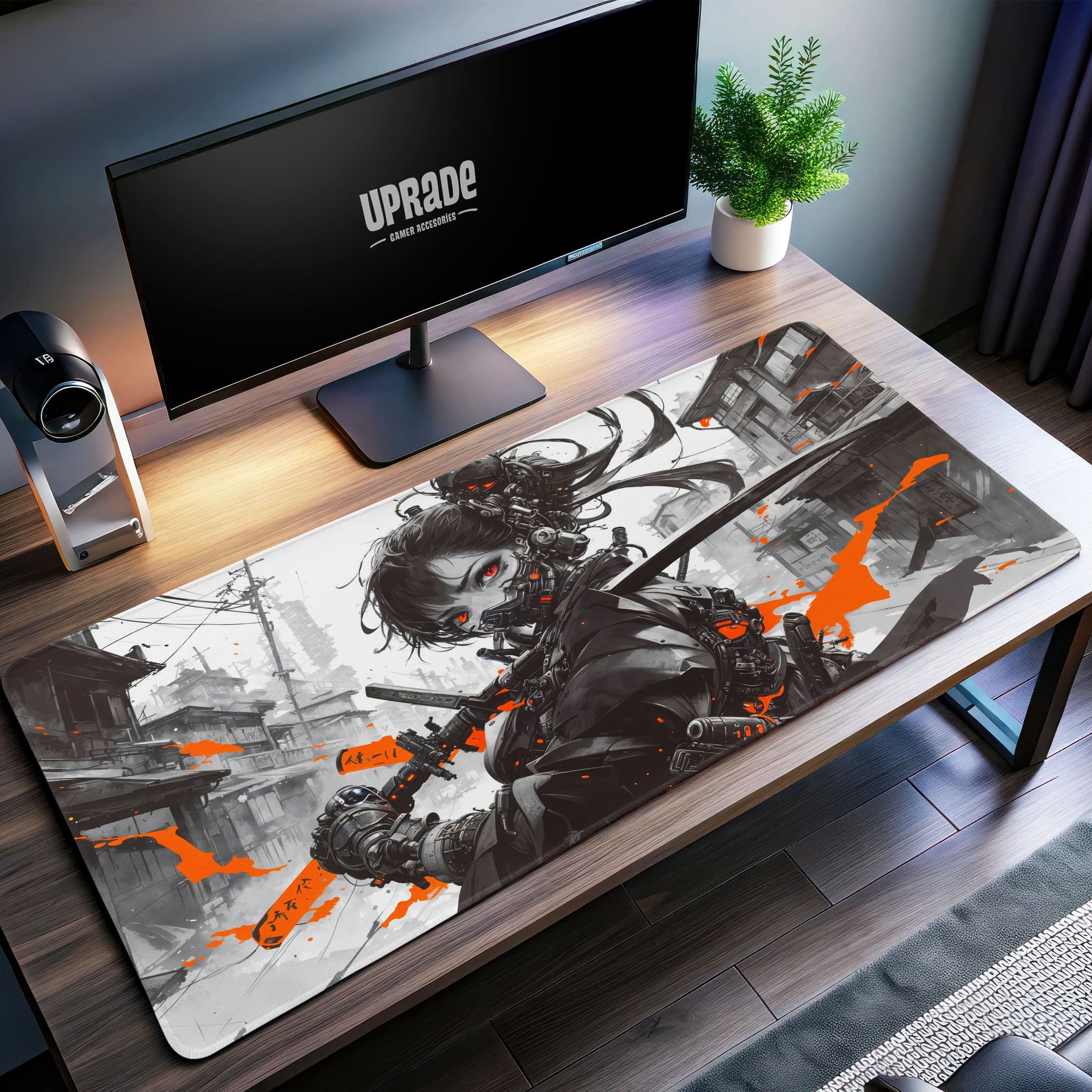 Cyberpunk Samurai Desk Mat, Futuristic Warrior Mouse Pad