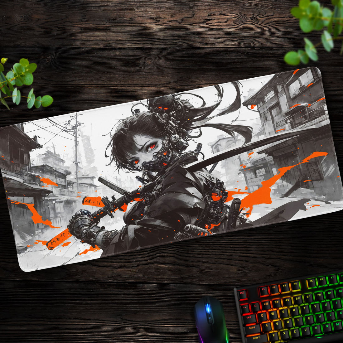 Cyberpunk Samurai Desk Mat, Futuristic Warrior Mouse Pad