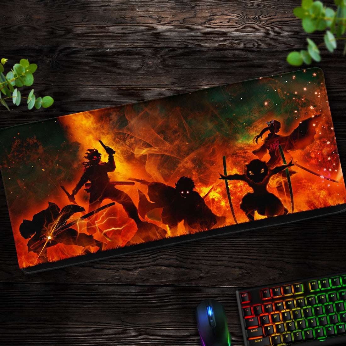 Flaming Demon Slayer Squad Desk Mat, Epic Mouse Pad