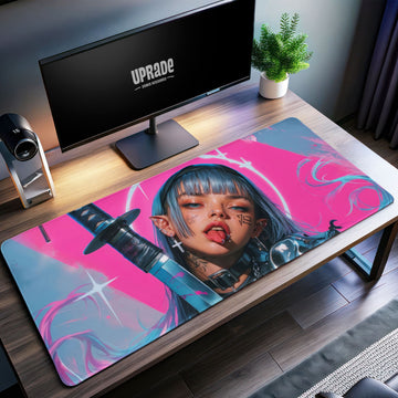 Cyberpunk Elf Warrior Desk Mat, Pink Aesthetic Mouse Pad