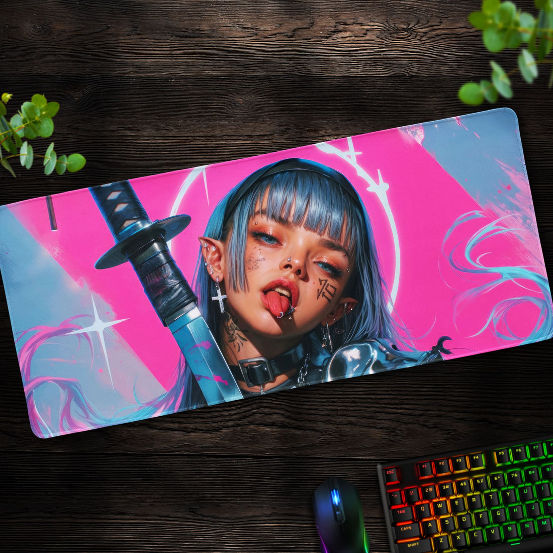 Cyberpunk Elf Warrior Desk Mat, Pink Aesthetic Mouse Pad