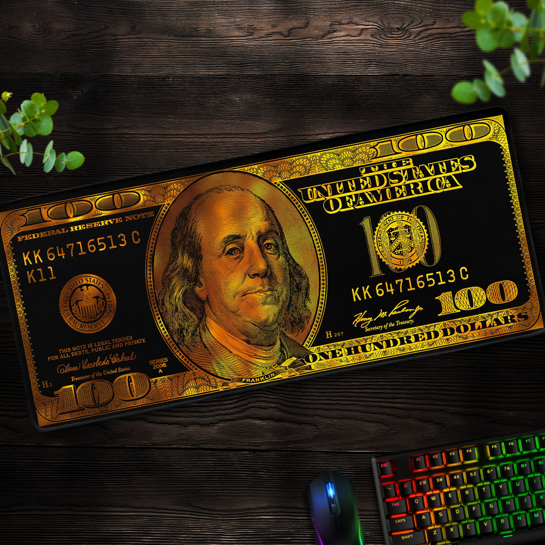 Gold 100 Dollar Bill Desk Mat, Benjamin Franklin Mouse Pad