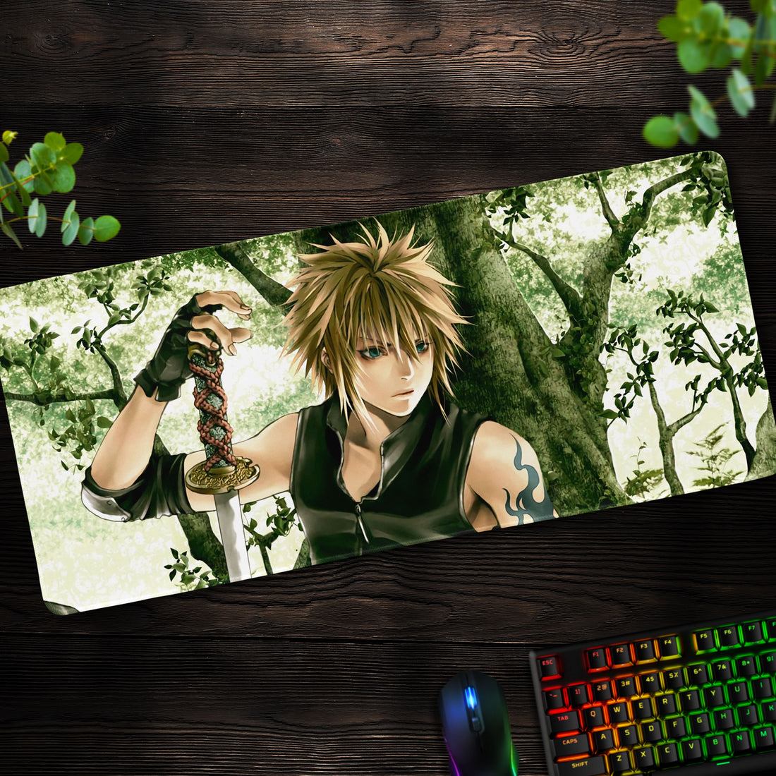 Final Fantasy Cloud Strife Forest Desk Mat, Fantasy Gaming Mouse Pad