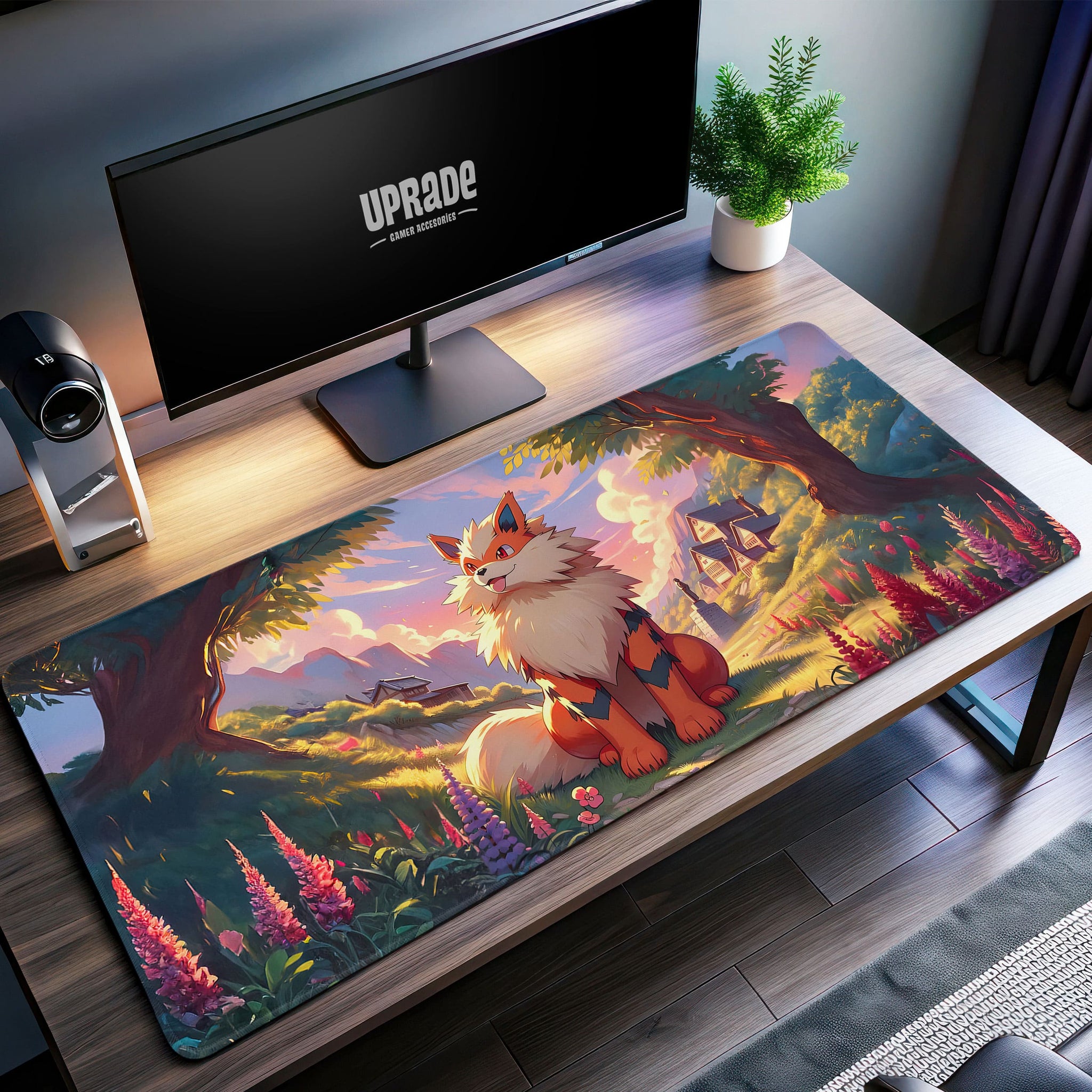 Arcanine Meadow Sunset Desk Mat, Pokémon Landscape Mouse Pad