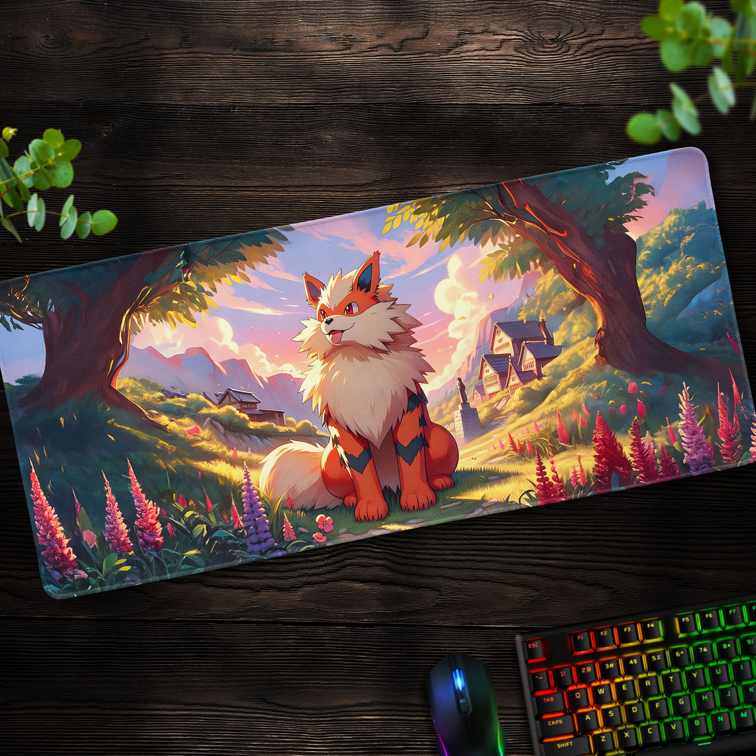 Arcanine Meadow Sunset Desk Mat, Pokémon Landscape Mouse Pad