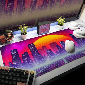 Retro Neon City Desk Mat, Cyberpunk Skyline Mouse Pad