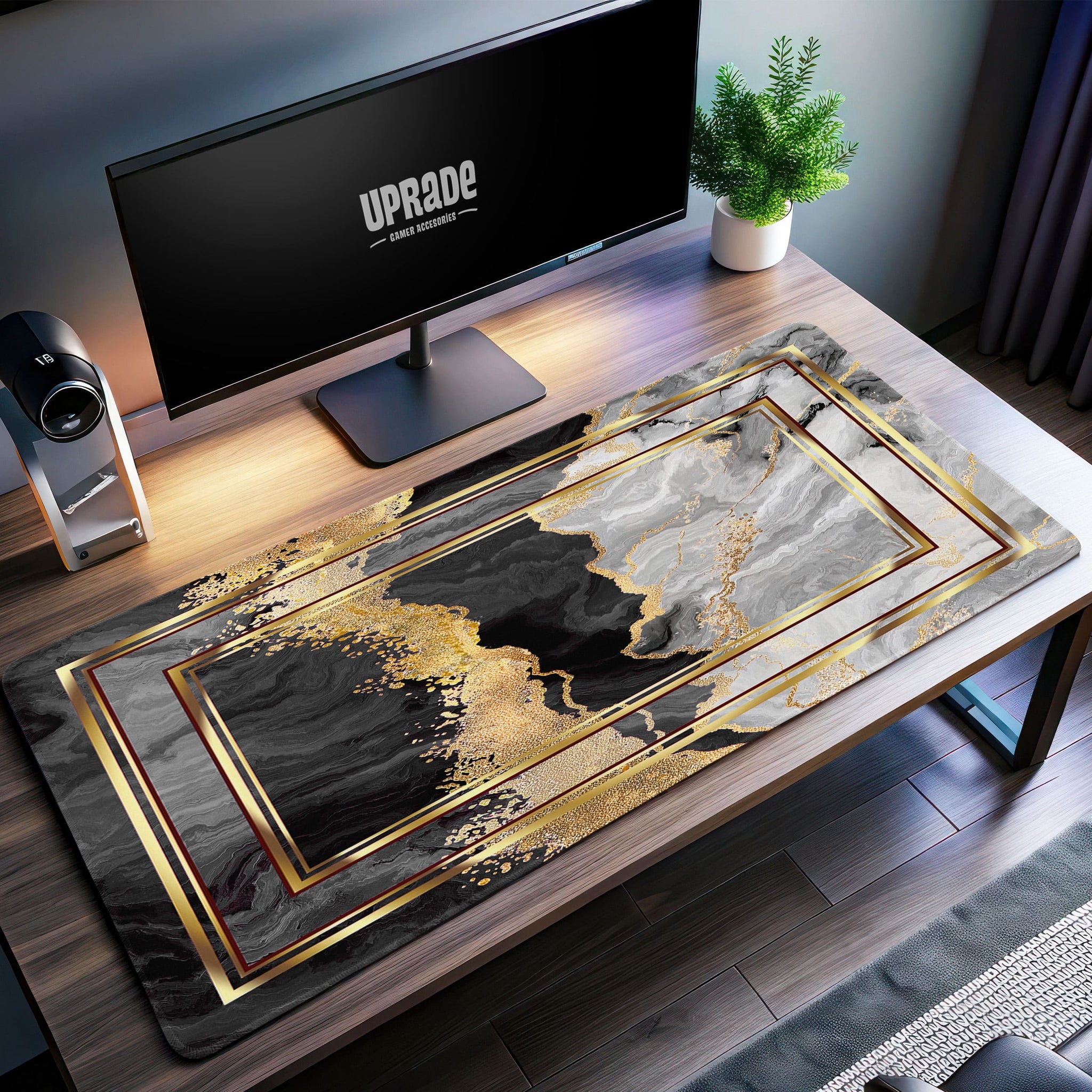 Geometric Marble Desk Mat, Gold and Black Mouse Pad