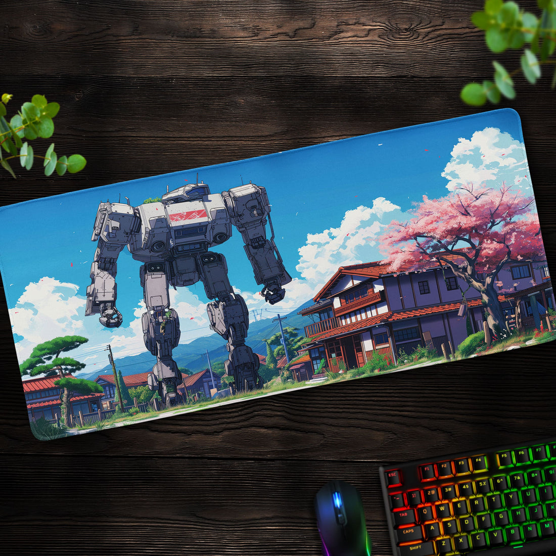 Mecha in Sakura Village Desk Mat, Robot Anime Mouse Pad