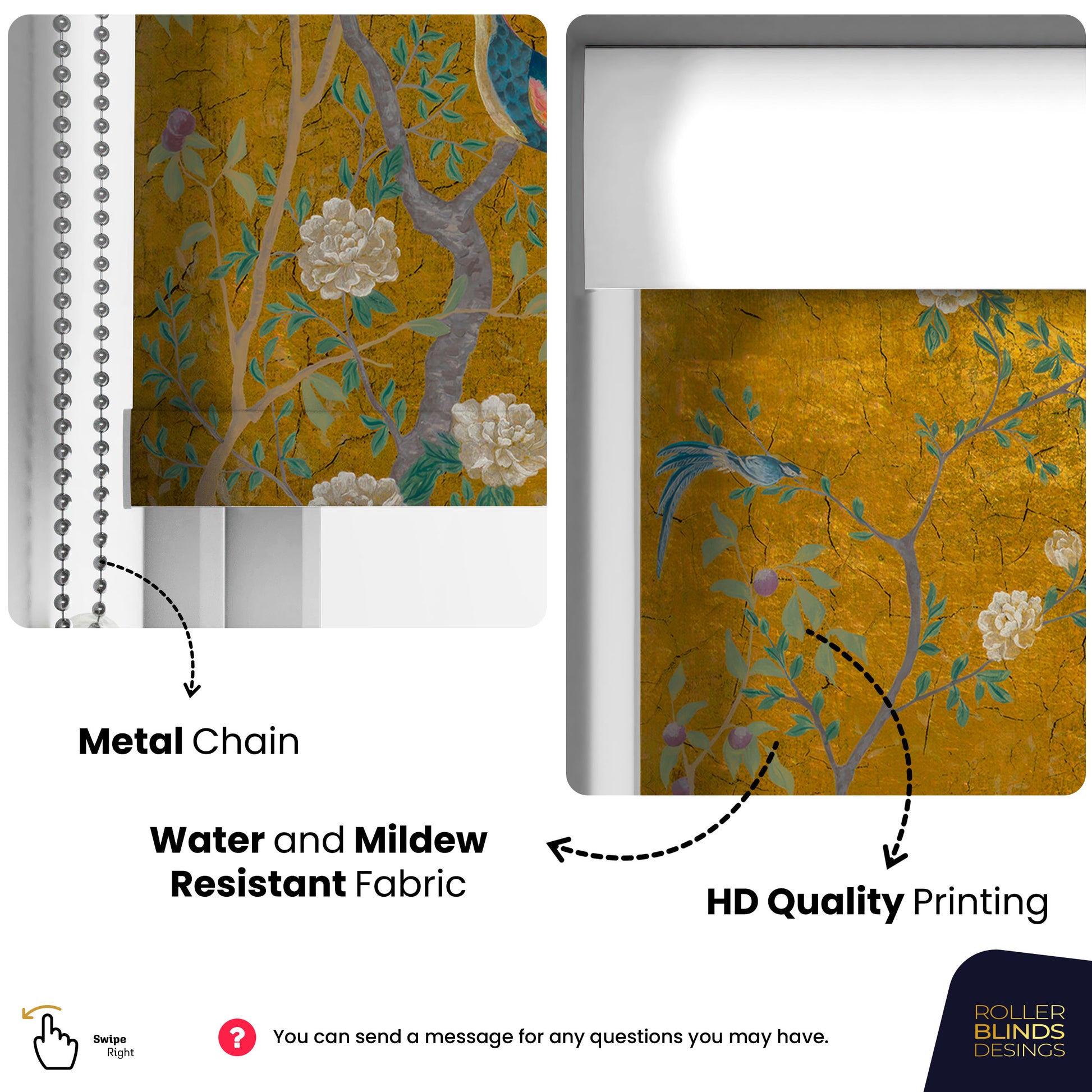 Golden Peacock Chinoiserie Living Room Roller Blinds - Cocoon Markt