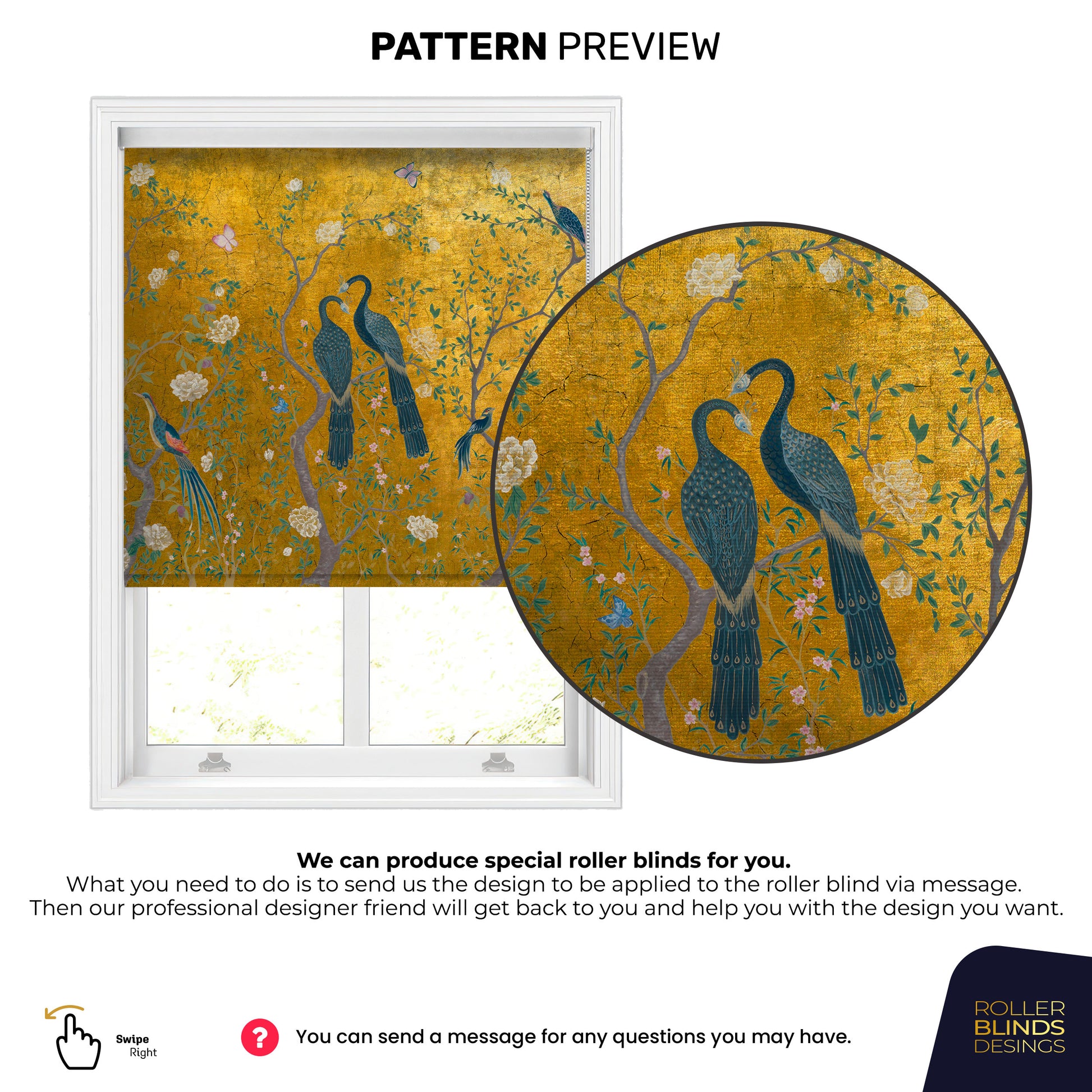 Golden Peacock Chinoiserie Living Room Roller Blinds - Cocoon Markt