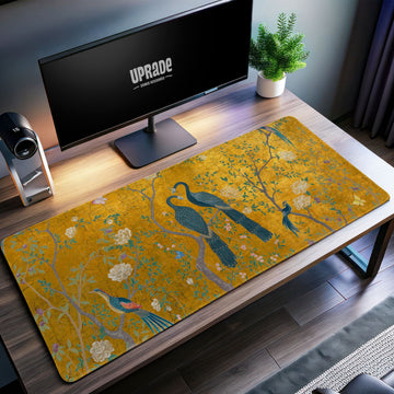 Golden Elegance Desk Mat, Vintage Peacock Mouse Pad