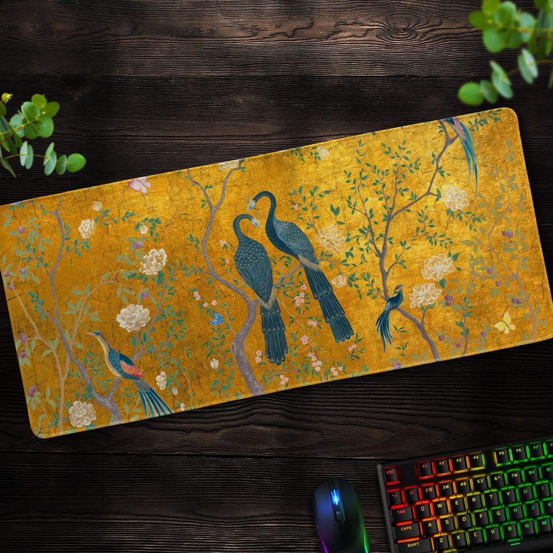 Golden Elegance Desk Mat, Vintage Peacock Mouse Pad