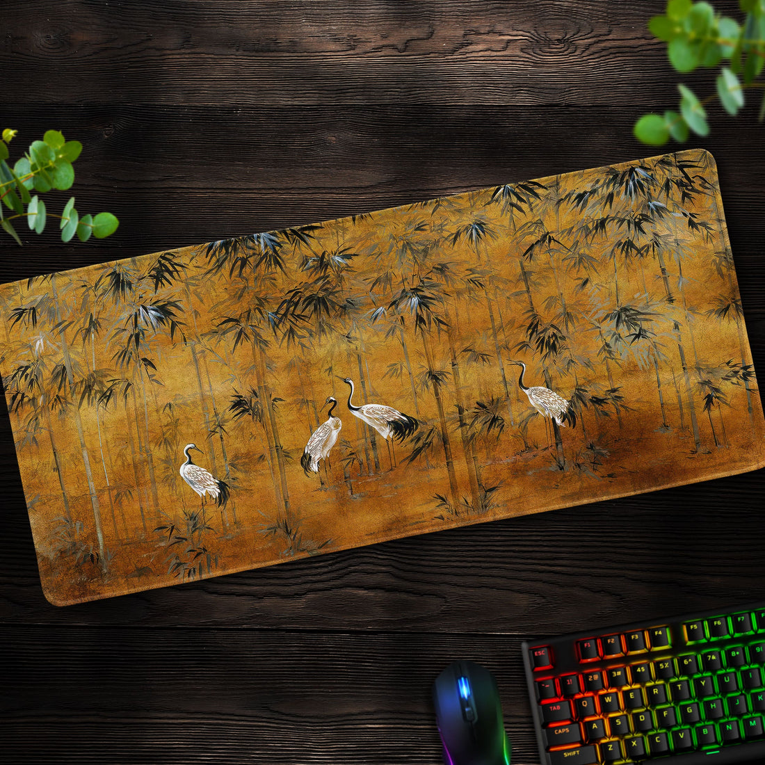 Golden Bamboo Crane Desk Mat, Elegant Nature Mouse Pad