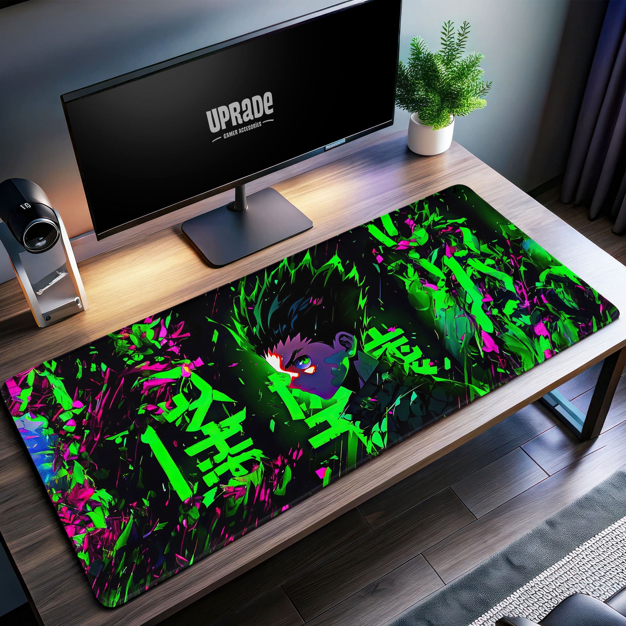 Hunter's Neon Fury Desk Mat, Anime Art Mouse Pad