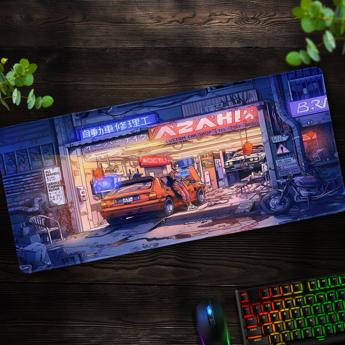 Initial D Car Shop Desk Mat, Retro Japanese Garage Mouse Pad