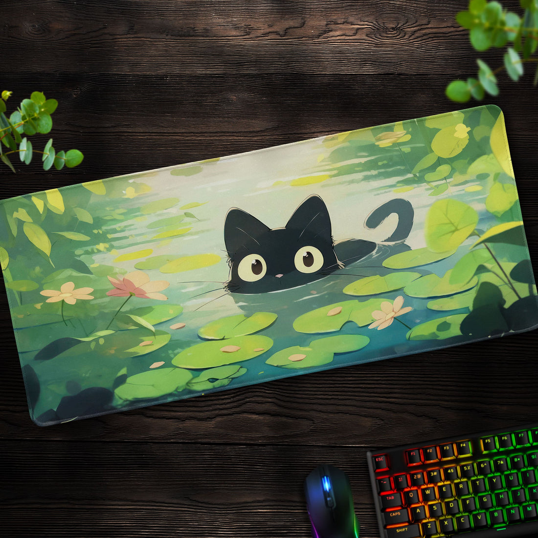 Jiji in Lily Pond Desk Mat, Studio Ghibli Cat Mouse Pad