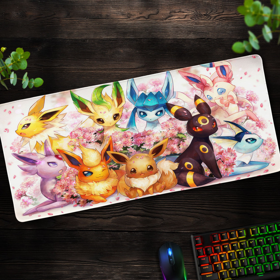 Eeveelution Floral Pokemon Desk Mat, Evolution Mouse Pad