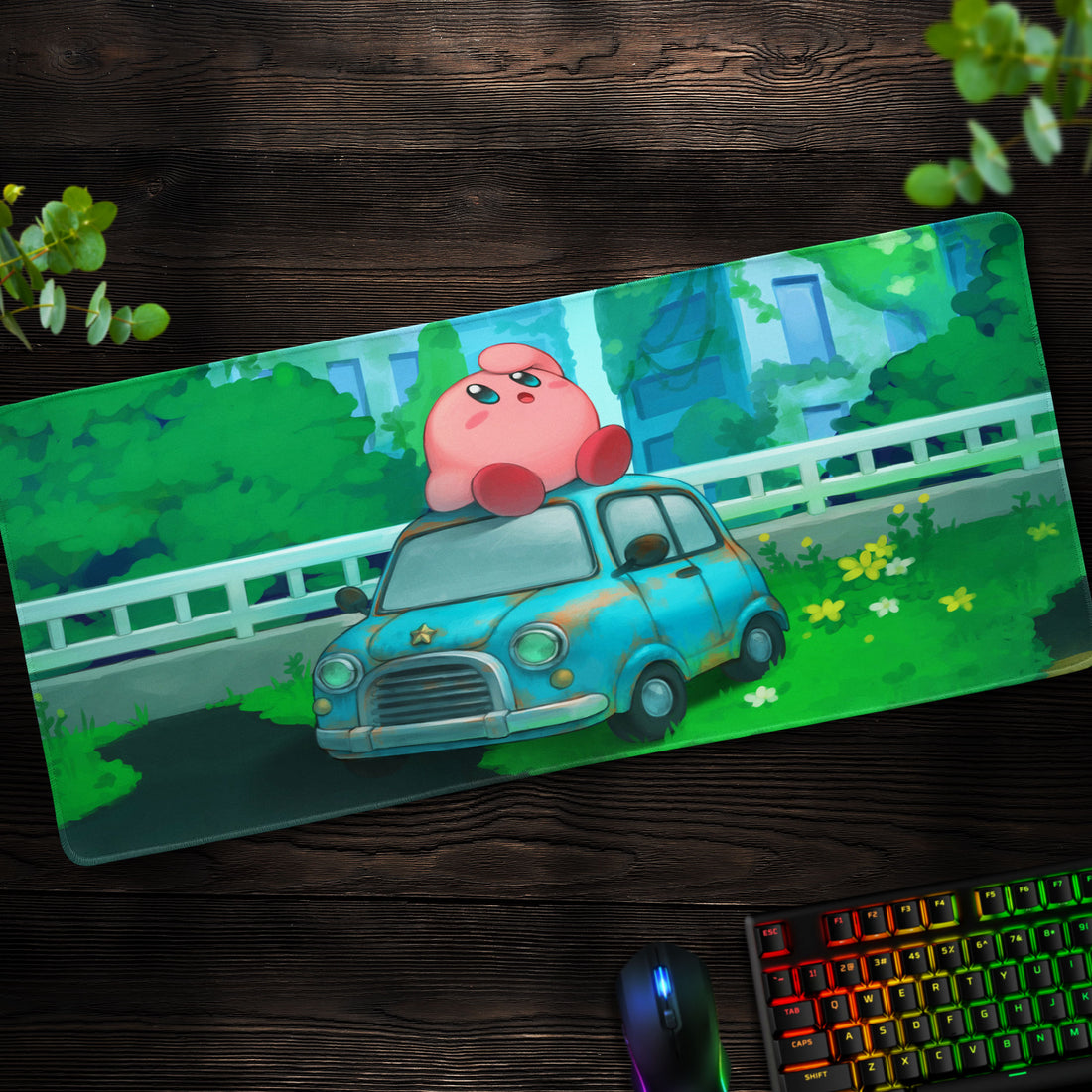 Kirby Car Ride Desk Mat, Green Hills Mouse Pad