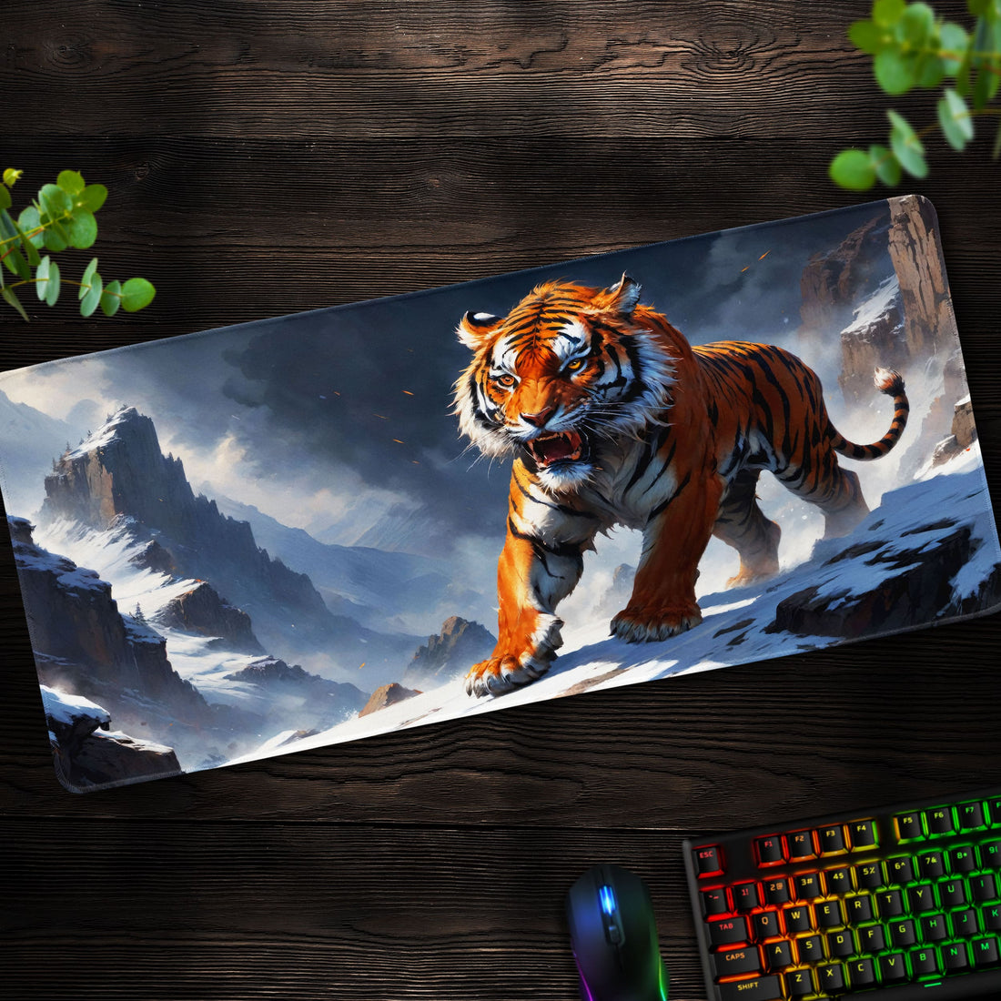 Snowy Tiger Fury Desk Mat, Wild Predator Mouse Pad