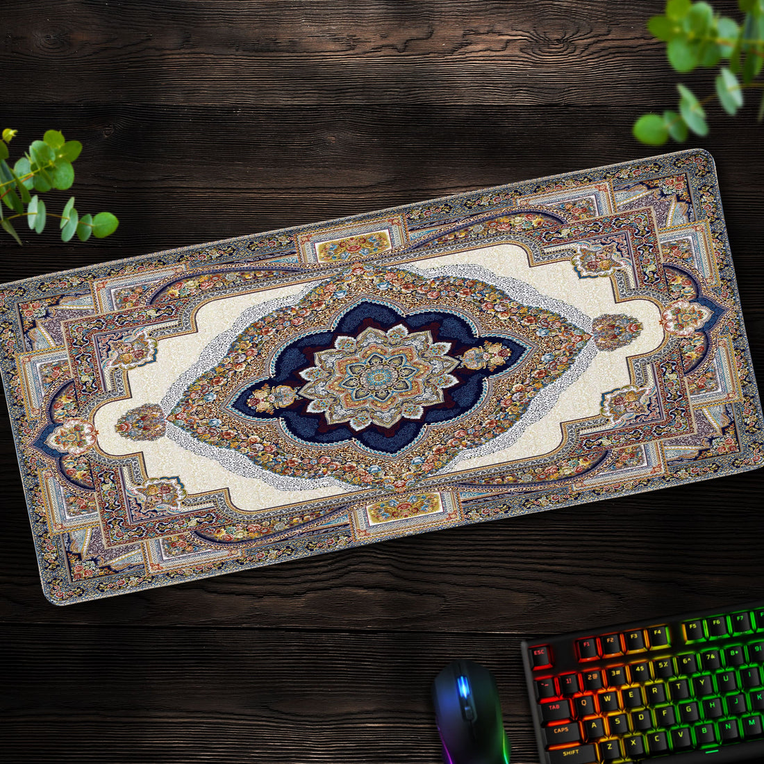 Elegant Persian Blue Desk Mat, Ornate Rug Mouse Pad