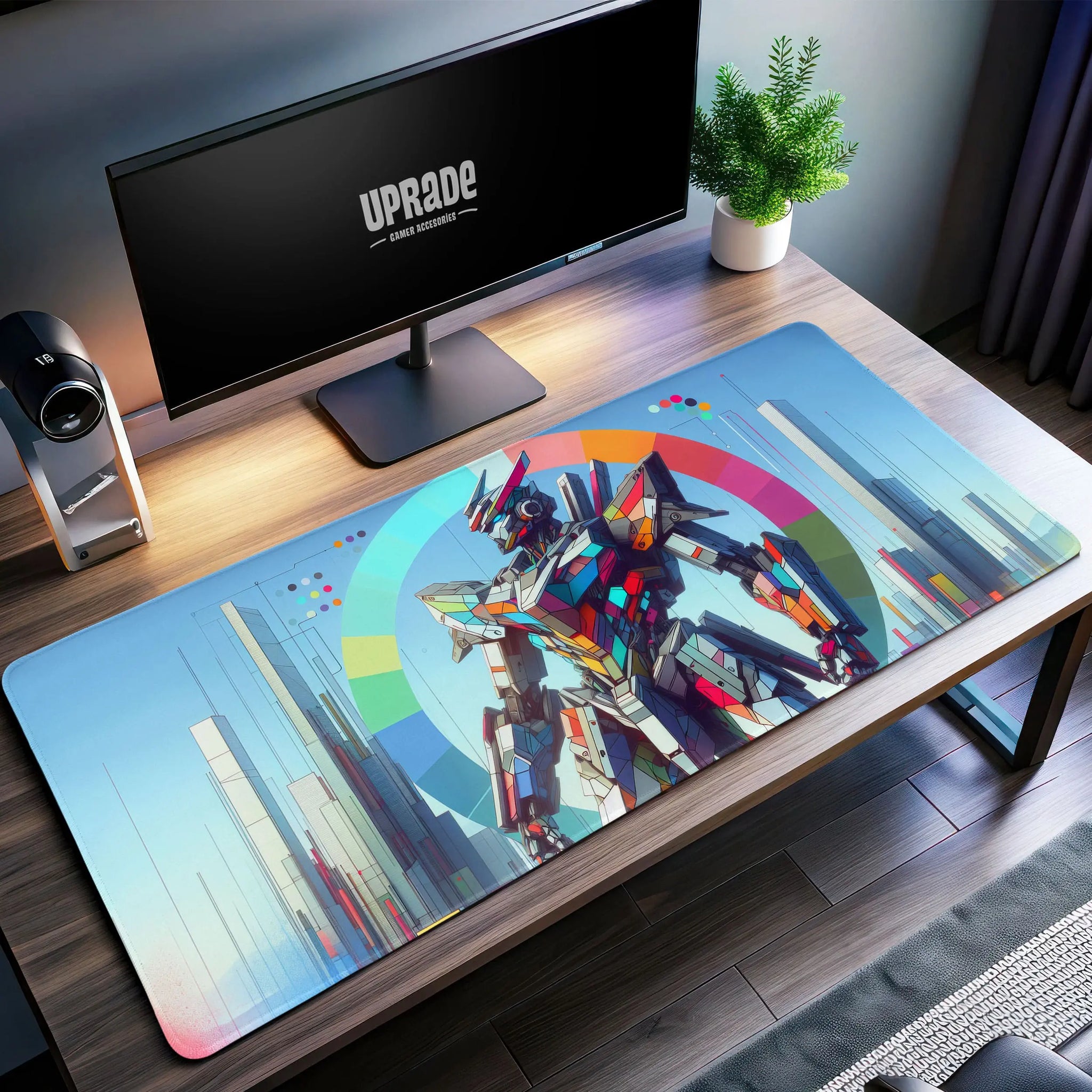 Colorful Gundam Cityscape Desk Mat, Mecha Art Mouse Pad - Cocoon Markt
