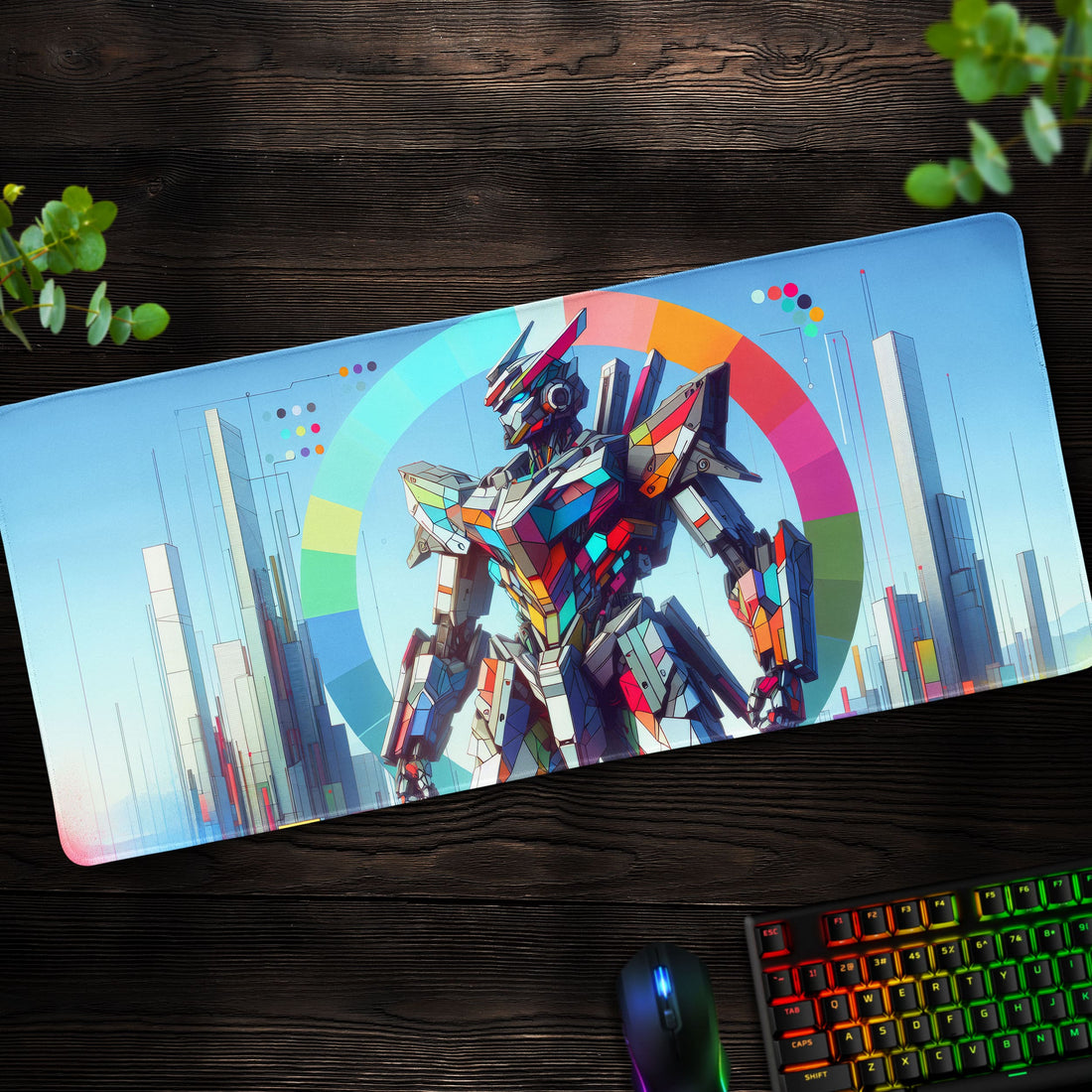 Colorful Gundam Cityscape Desk Mat, Mecha Art Mouse Pad