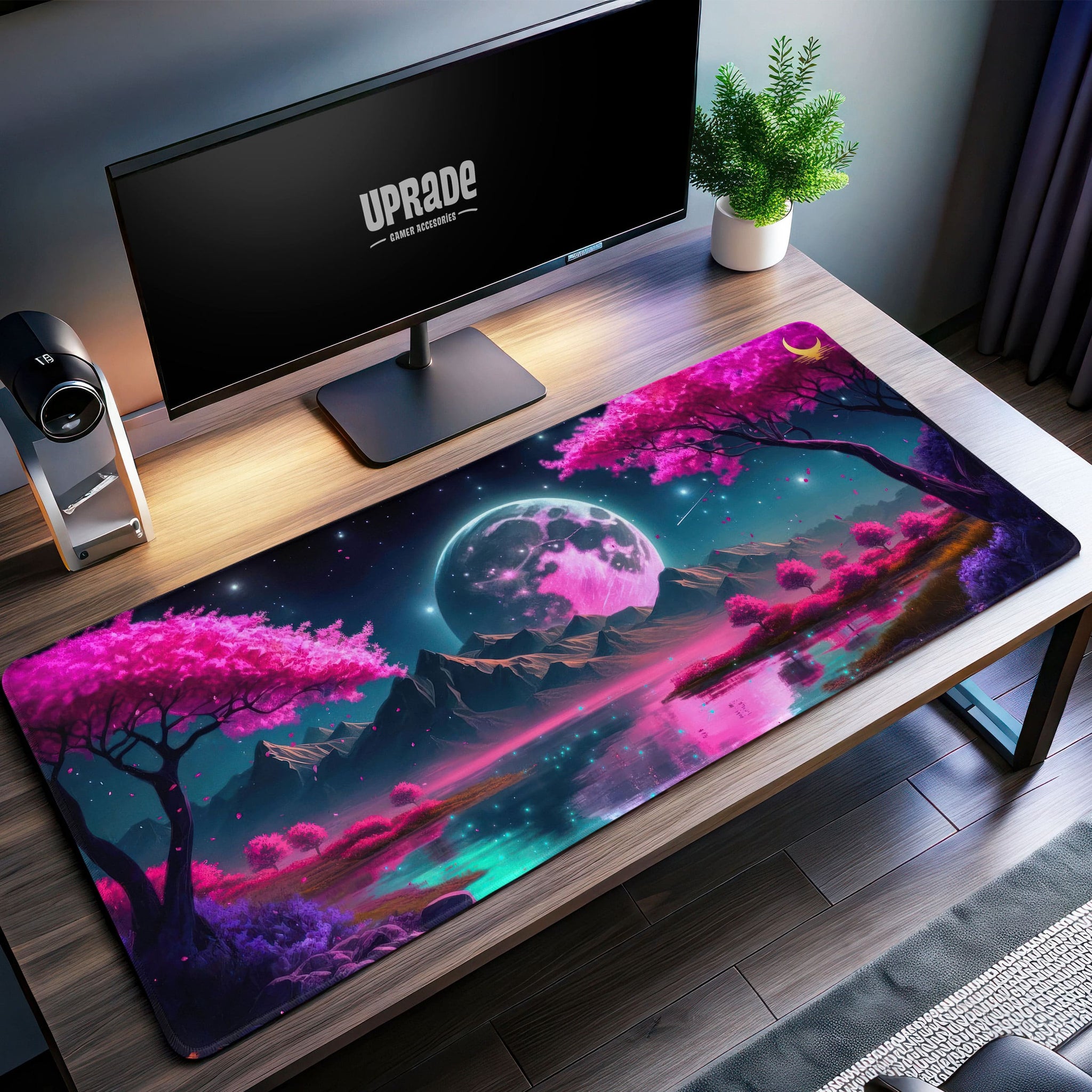 Pink Lunar Dreamscape Desk Mat, Enchanted Night Mouse Pad