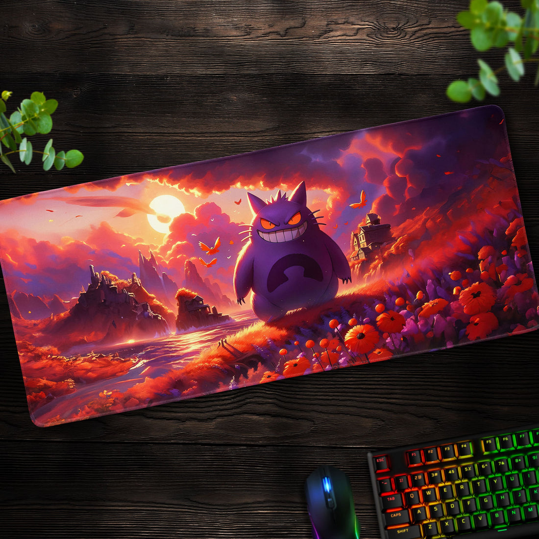 Gengar Haunted Sunset Desk Mat, Pokémon Landscape Mouse Pad