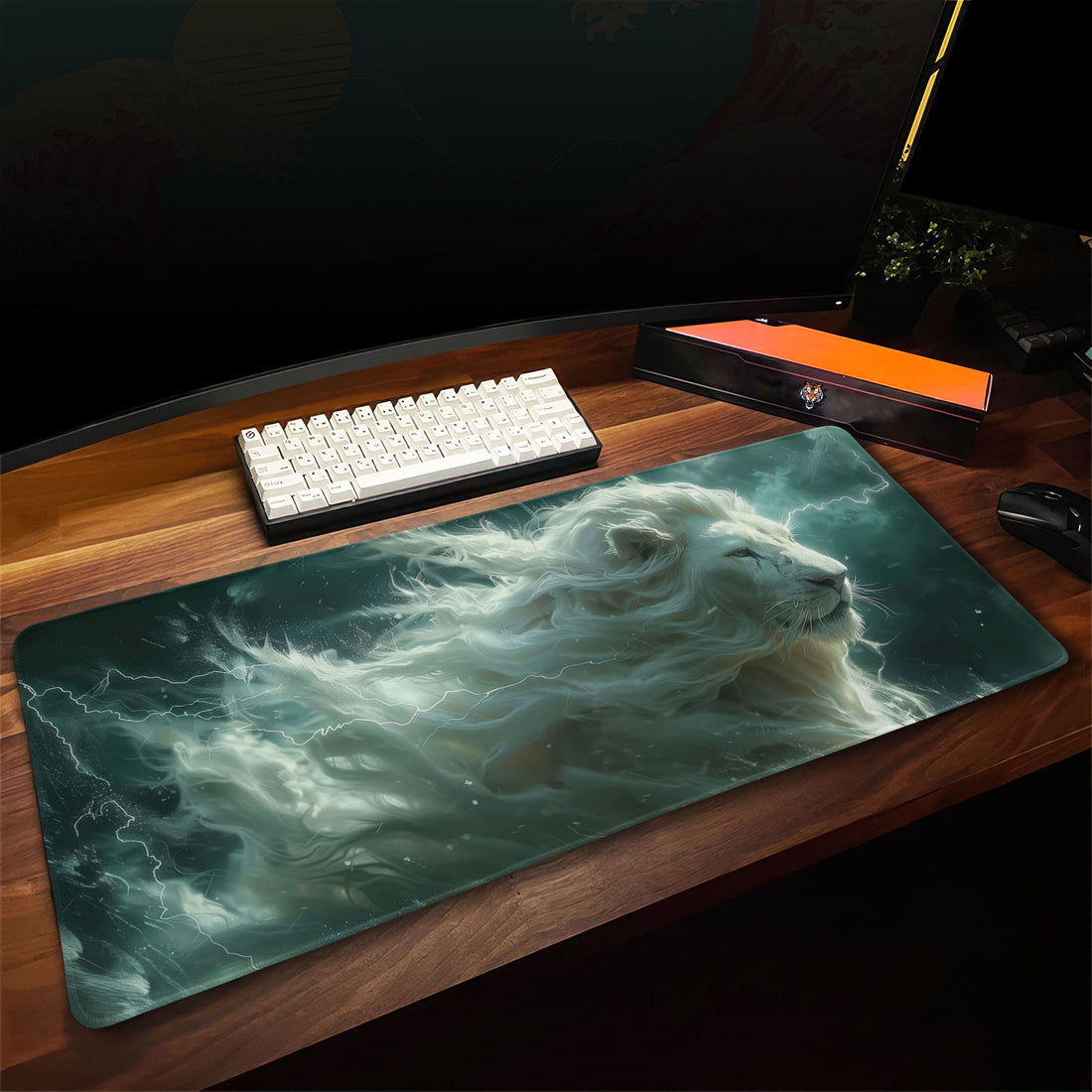 Majestic Storm Lion Desk Mat, Mythical Lion Mouse Pad