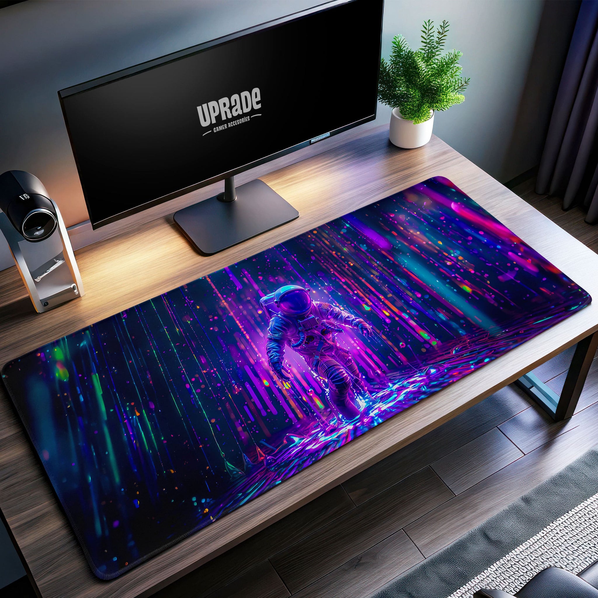 Neon Astronaut Desk Mat, Space Explorer Mouse Pad