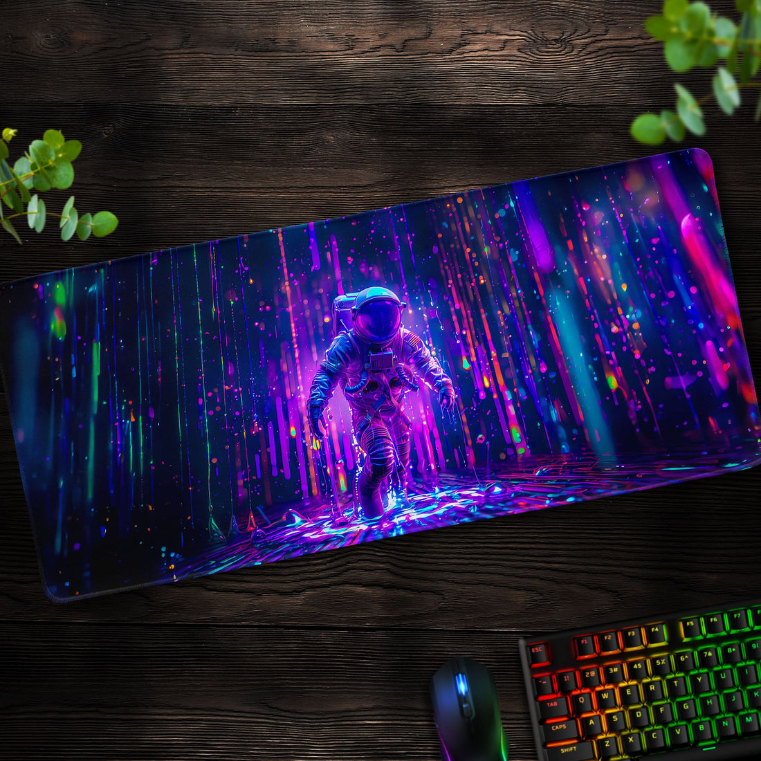 Neon Astronaut Desk Mat, Space Explorer Mouse Pad