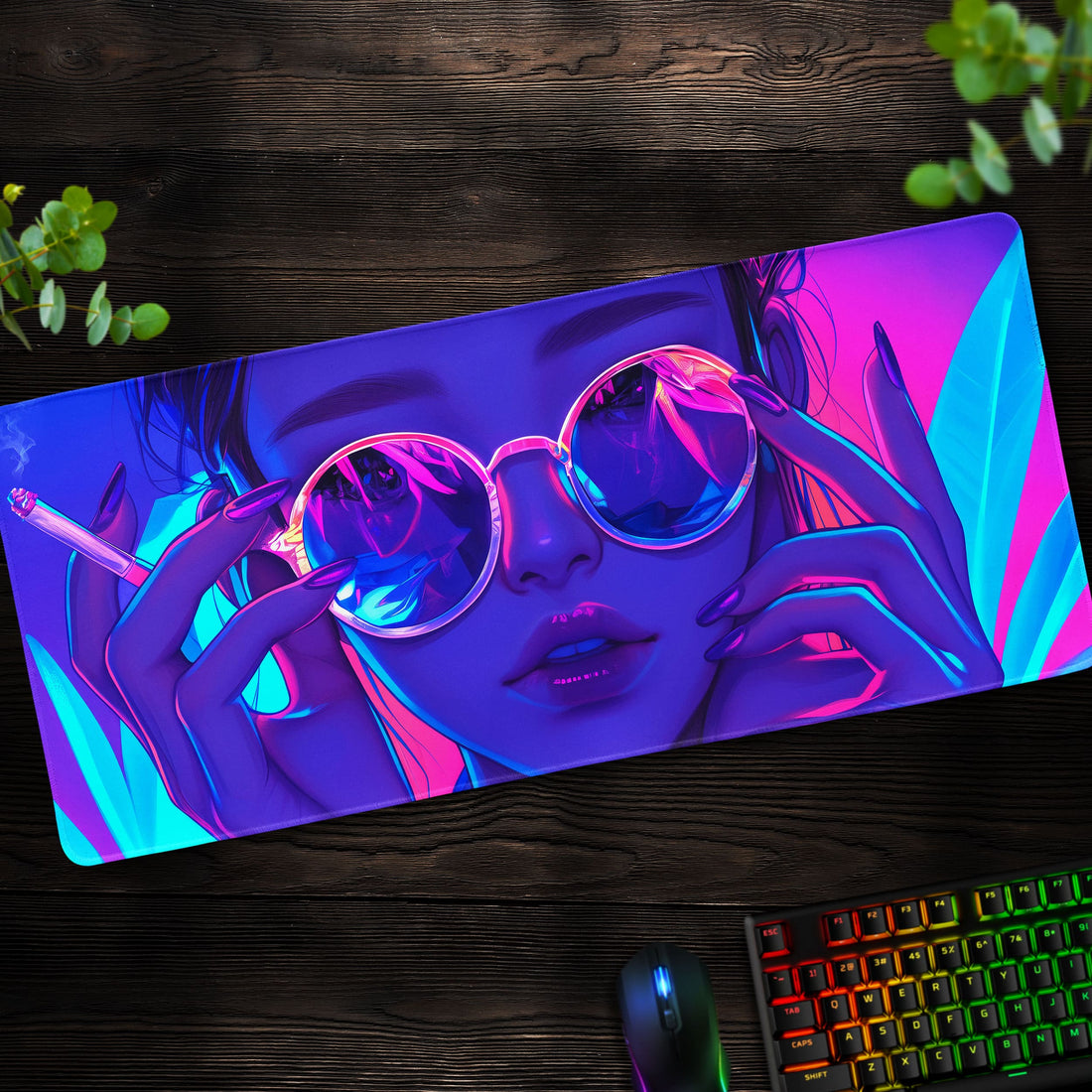 Neon Aesthetic Desk Mat, Vaporwave Art Mouse Pad