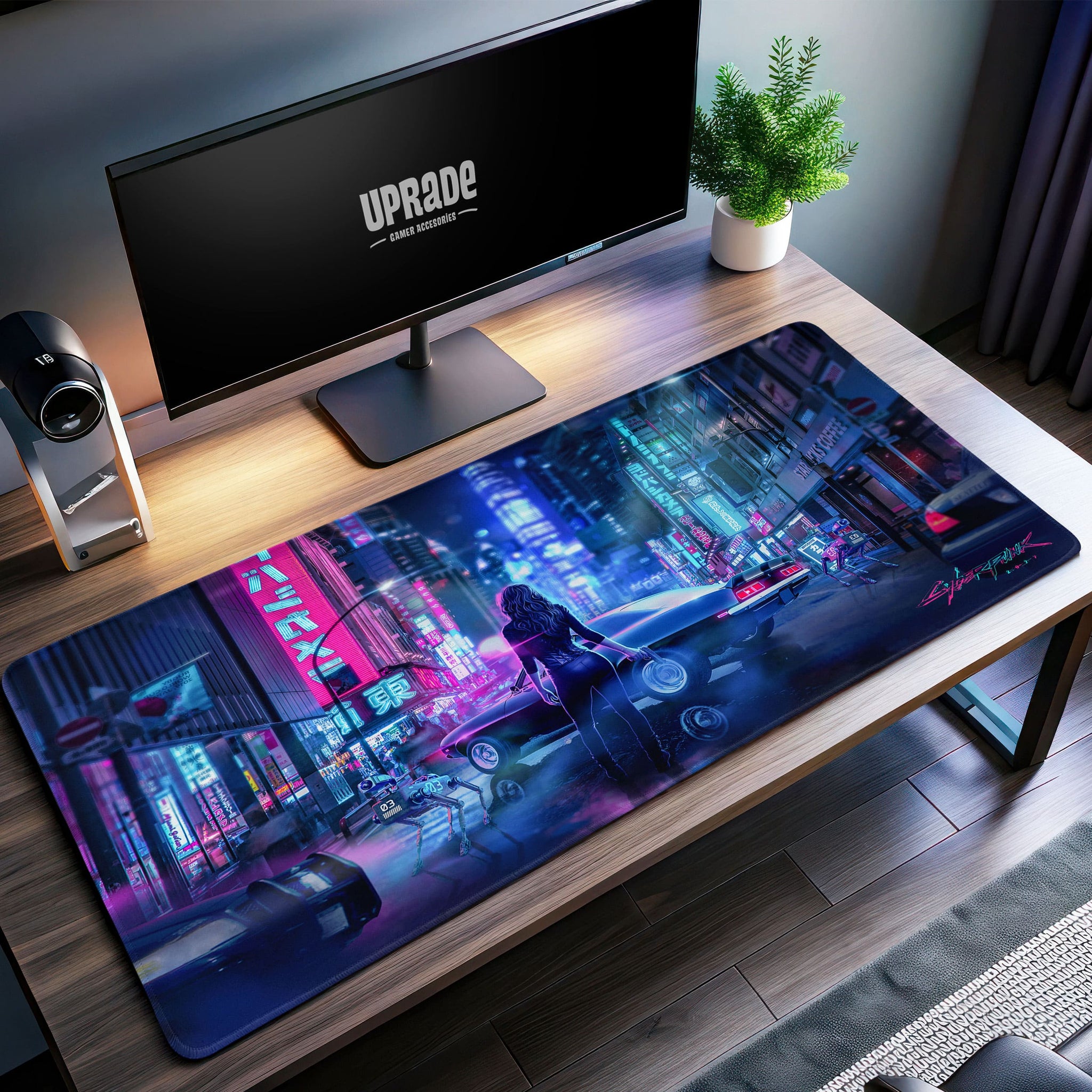 Neon Nights Desk Mat, Cyberpunk Gaming Mouse Pad